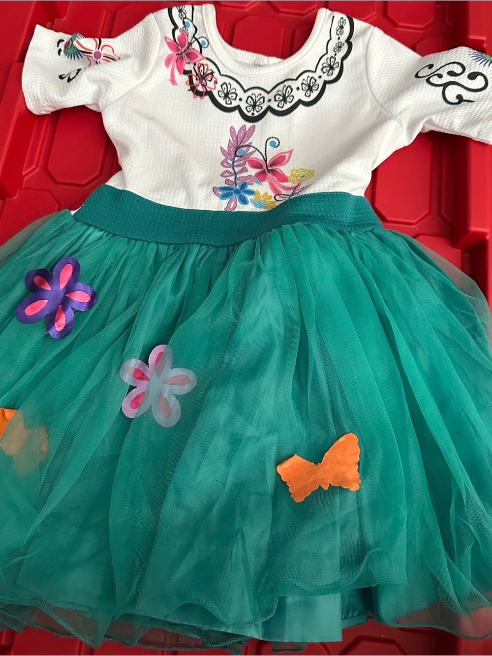 White Floral Bodice Casual Dress with Teal Tulle Skirt for Kids